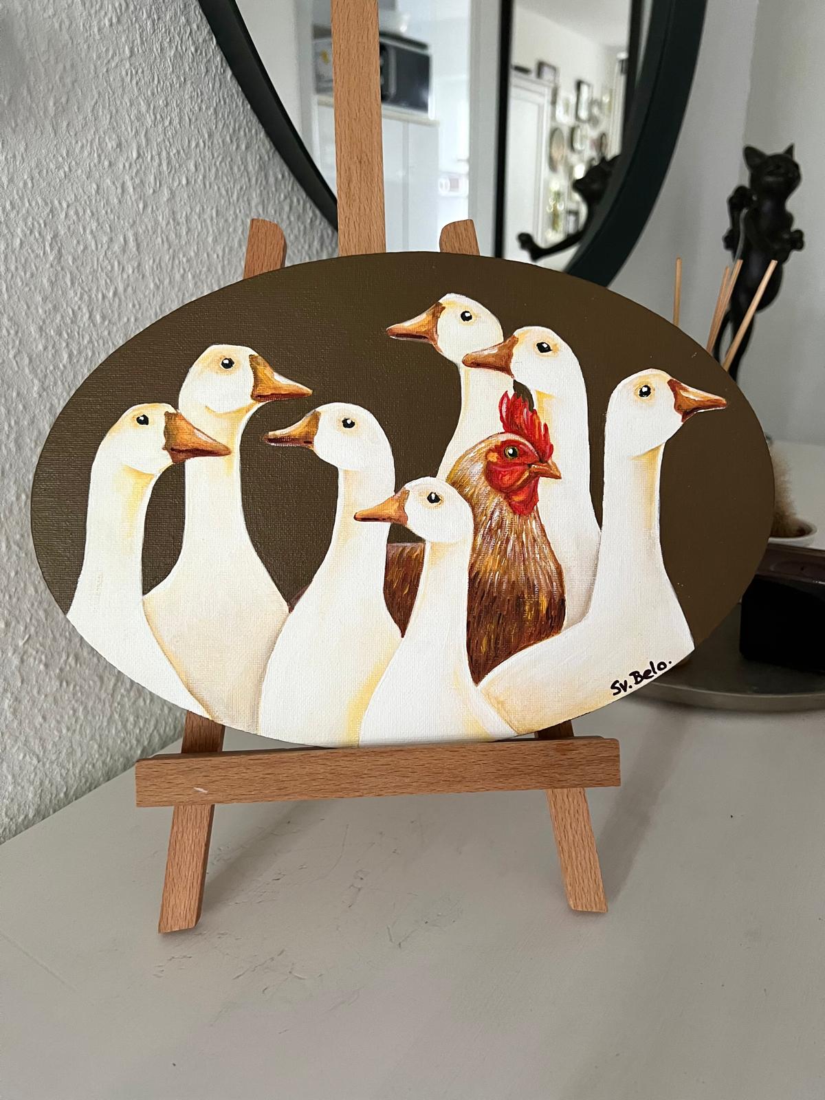 Geese and Rooster. Painting, acrylic canvas, oval, 30*20 cm, gift idea, wall decoration, home decor.