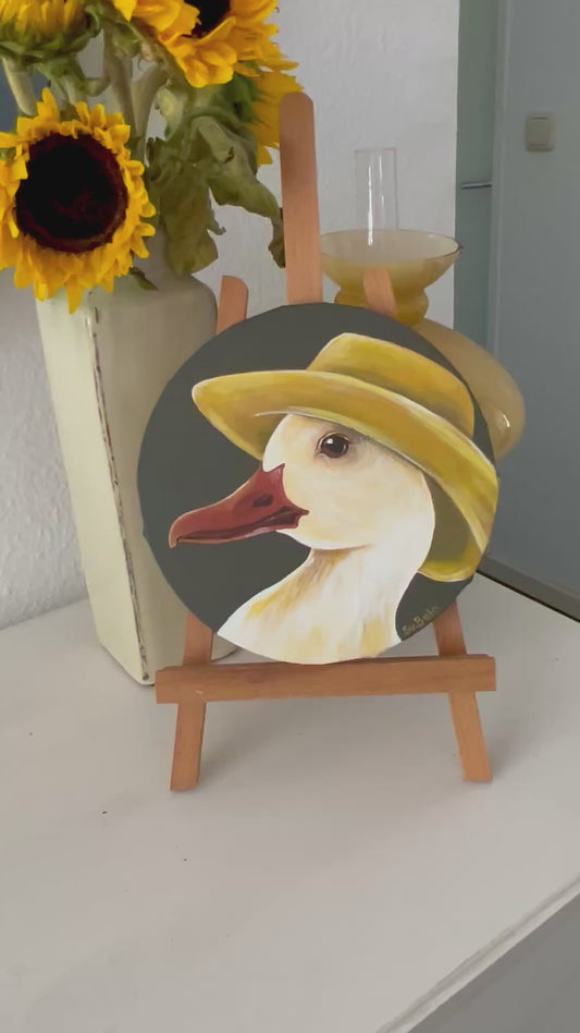“Whimsical Duck in Yellow Hat” 20 cm Round Folk Art Acrylic Painting