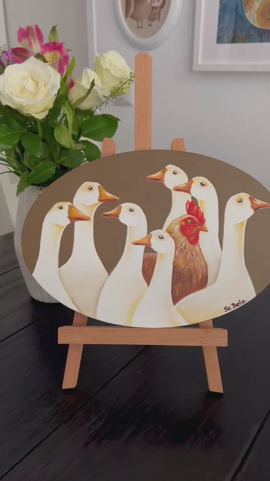 Geese and Rooster. Painting, acrylic canvas, oval, 30*20 cm, gift idea, wall decoration, home decor.